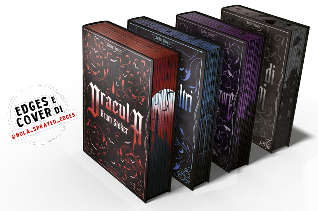 Collezione di romanzi gotici in edizione speciale con copertine decorate e sprayed edges; in primo piano Dracula di Bram Stoker. 